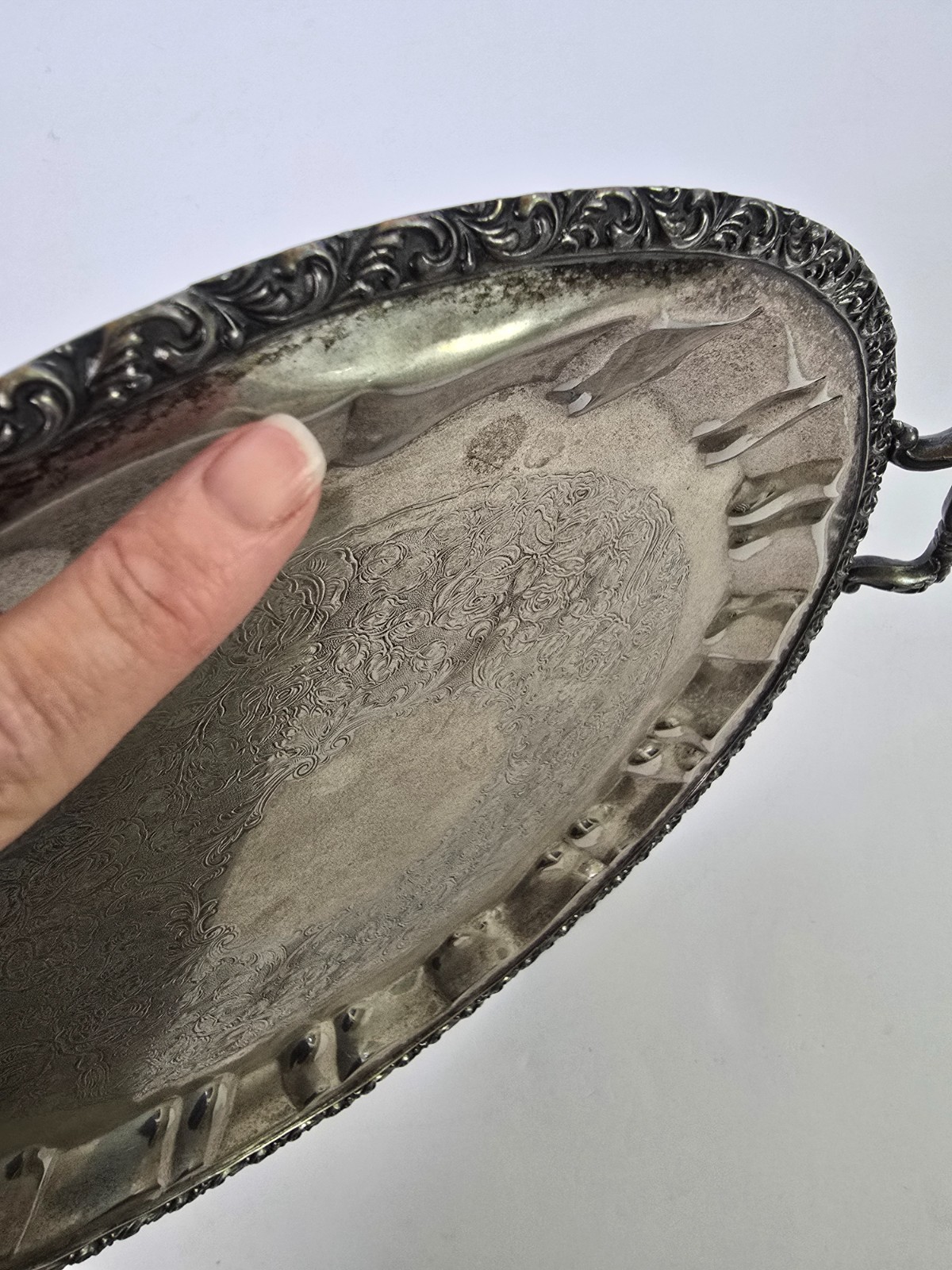 VTG Admiration Silver on Copper Handled Tray 16” Vintage Gallery Scroll Rim