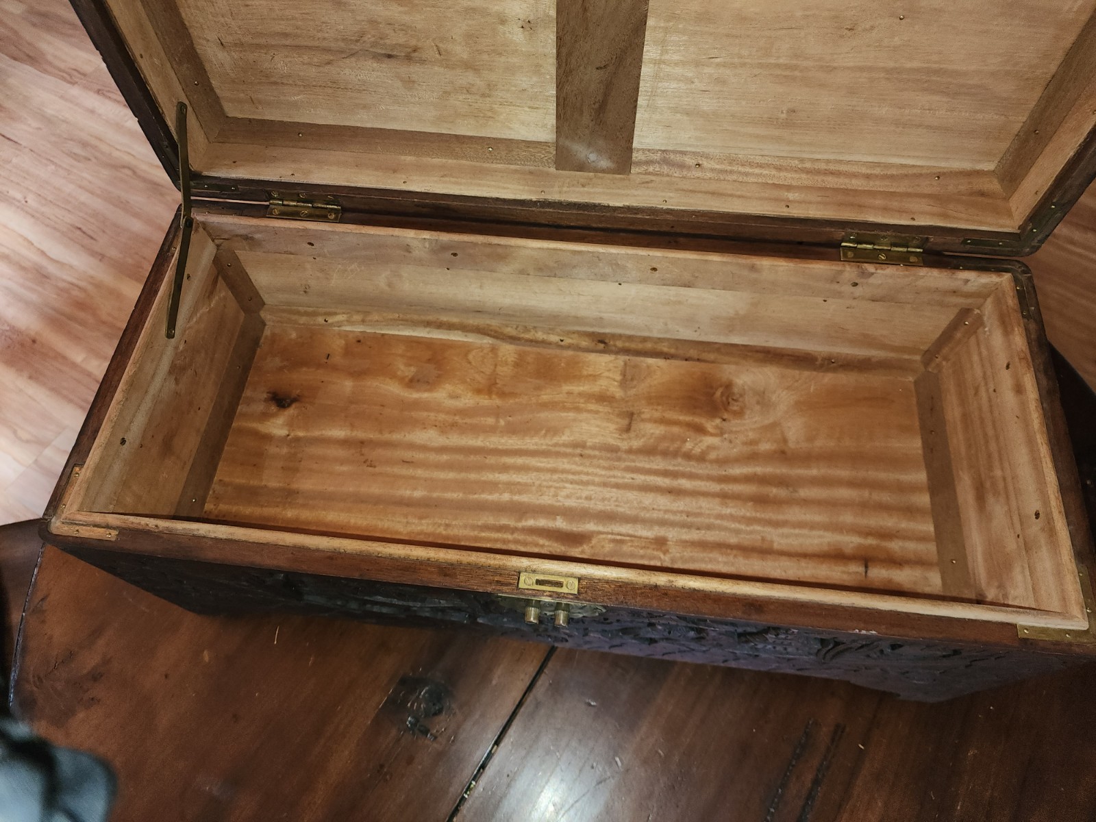 Vintage Hand Carved Camphor Wood Chest Trunk Asian Chinese Brass
