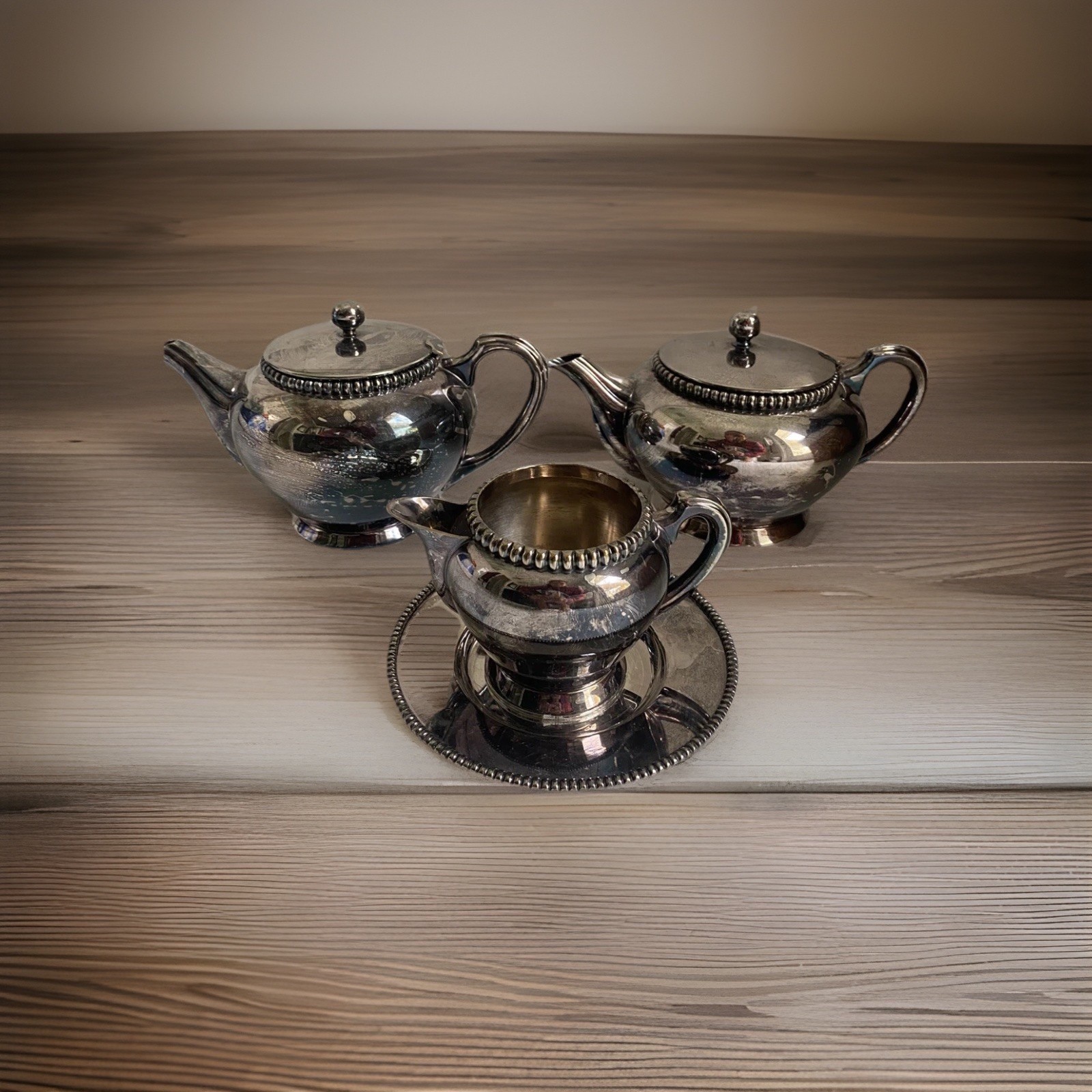 Vtge Meridional E.P.S Silverplated Teapot, Coffeepot, Creamer & Saucer 3 Pcs Set