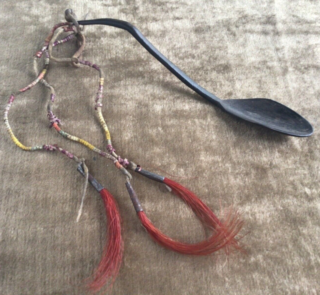 19th C Native American Plains Carved Horn Spoon Quilled Brass Beads & Tin Cones