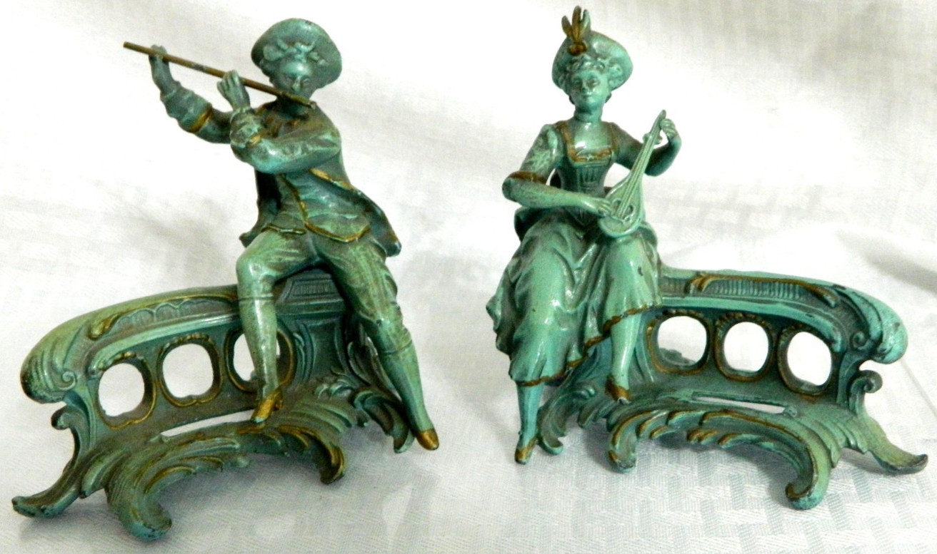 set ART NOUVEAU ANTIQUE FIGURAL Cast Iron Solid Steel Green Bookends?