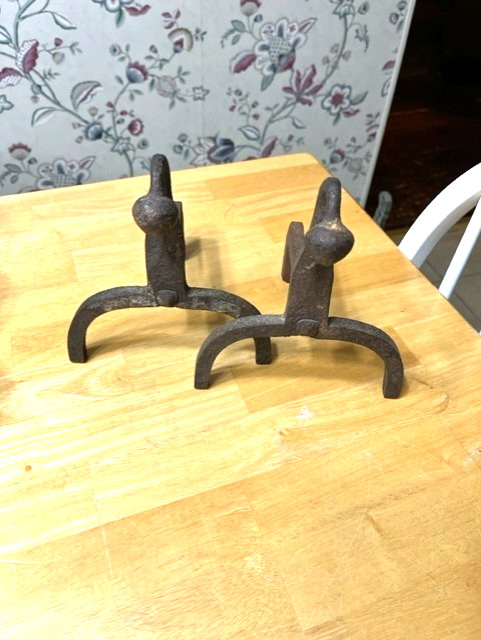 1700S PAIR OF ANTIQUE FIRE DOGS OR ANDIRONS WITH A BENT GOOSENECK