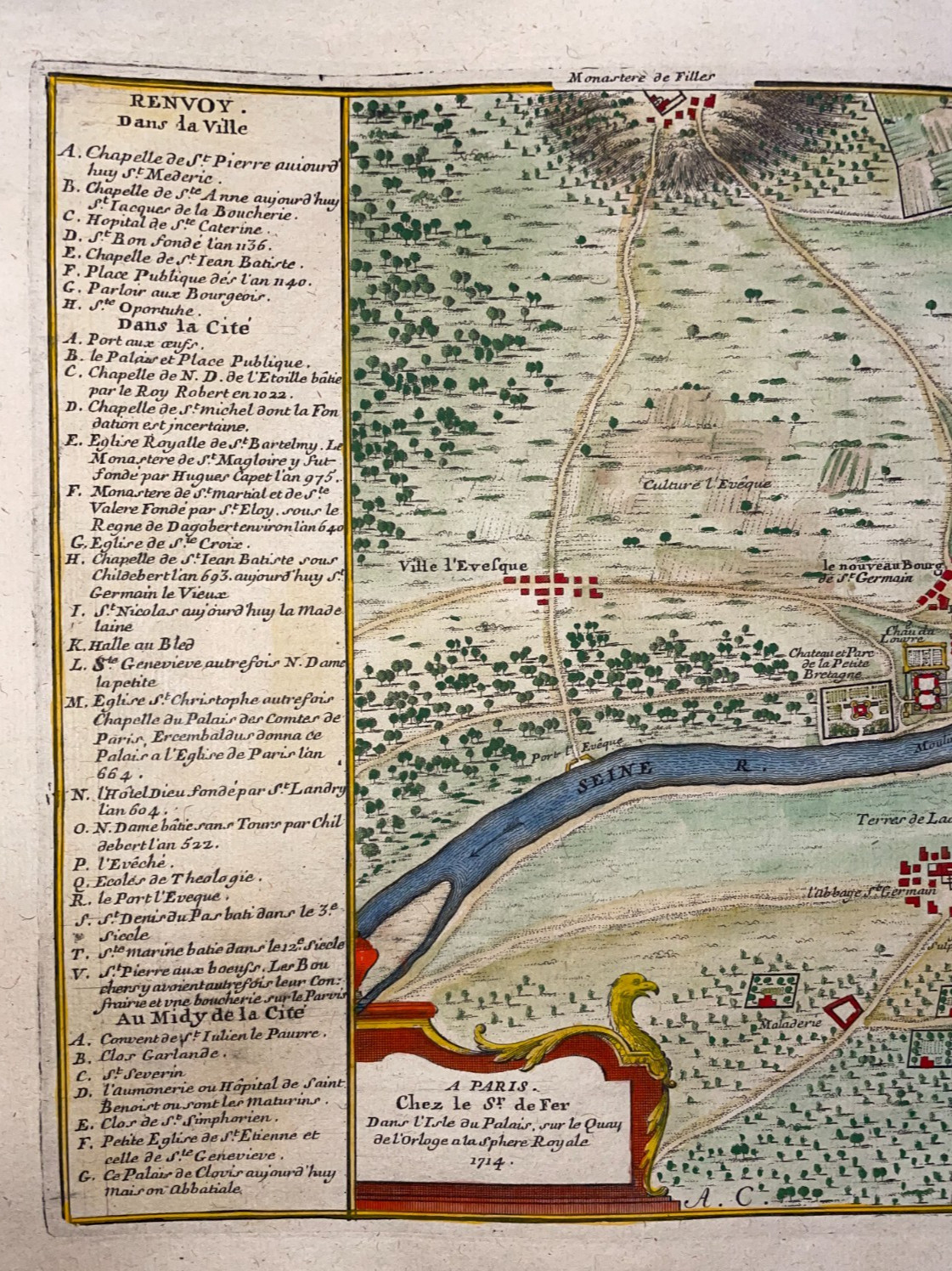 PARIS THIRD PLAN 1714 FRANCE NICOLAS DE FER RARE ANTIQUE CITY MAP 18TH CENTURY