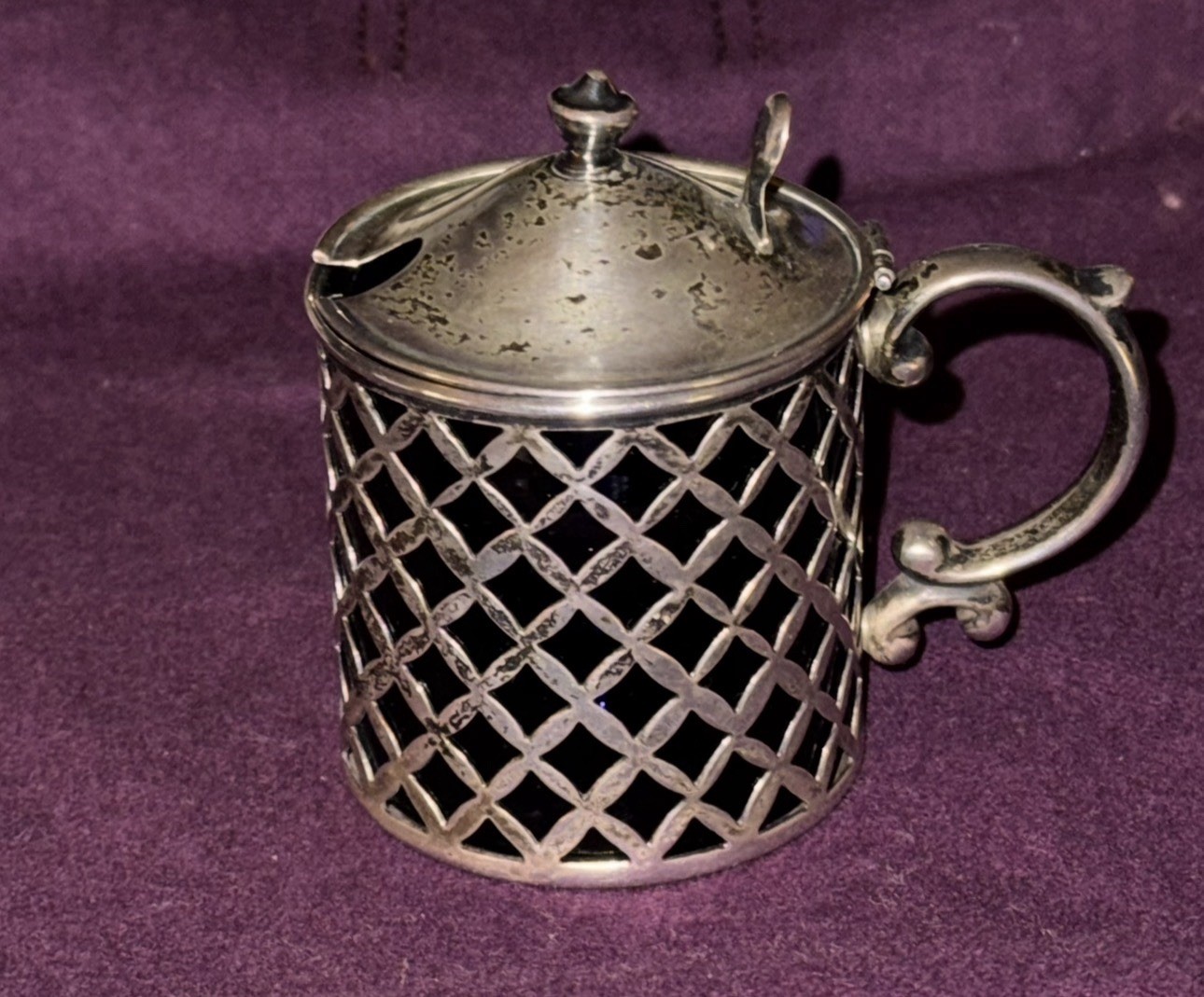 ANTIQUE WATSON STERLING SILVER RETICULATED MUSTARD POT-ORIGINAL BLUE GLASS LINER