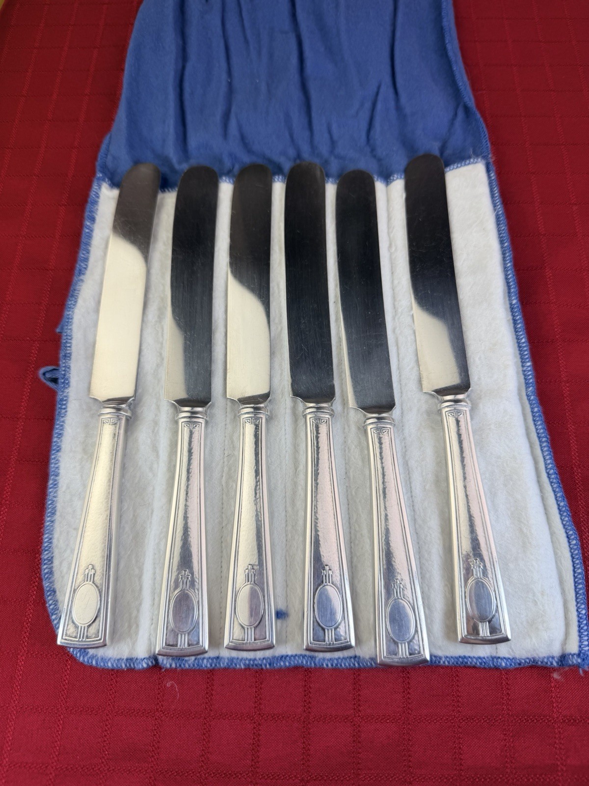 Set 6 Nock & Co. Sterling Silver 9.75″ Dinner Knives, Hammered Greek Key 354g