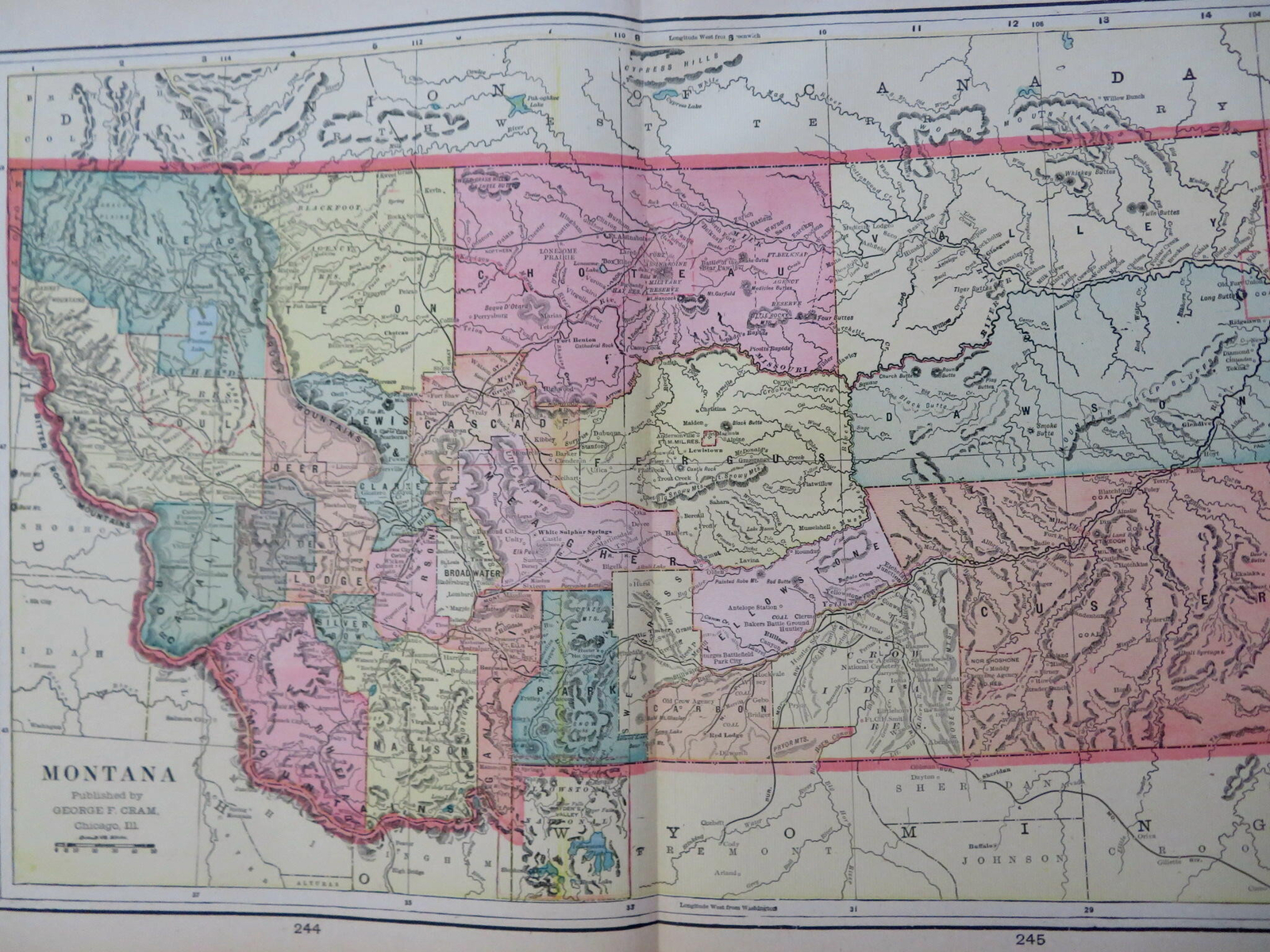 Montana state Billings Butte Missoula Rocky Mountains 1901 color detailed map