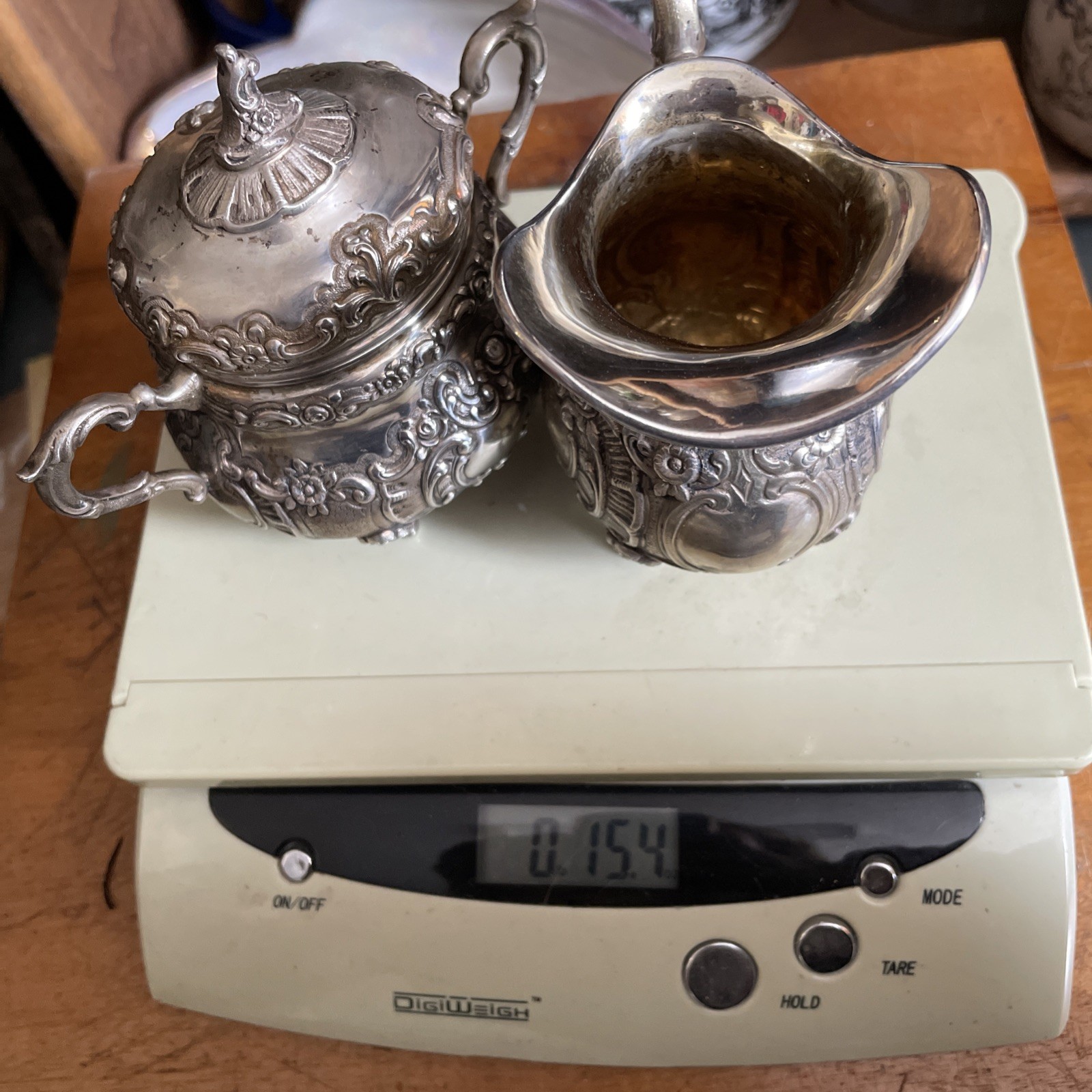 800 SILVER EUROPEAN Repose FOOTED SUGAR BOWL W / LID & CREAMER JAR 15.4oz
