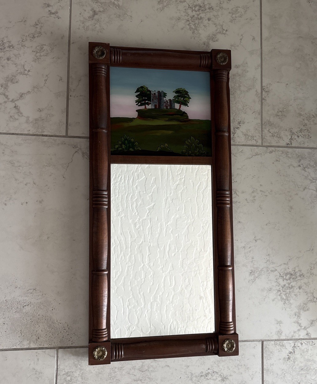 Antique Federal Two Part Mahogany Reverse Painted Wall Mirror