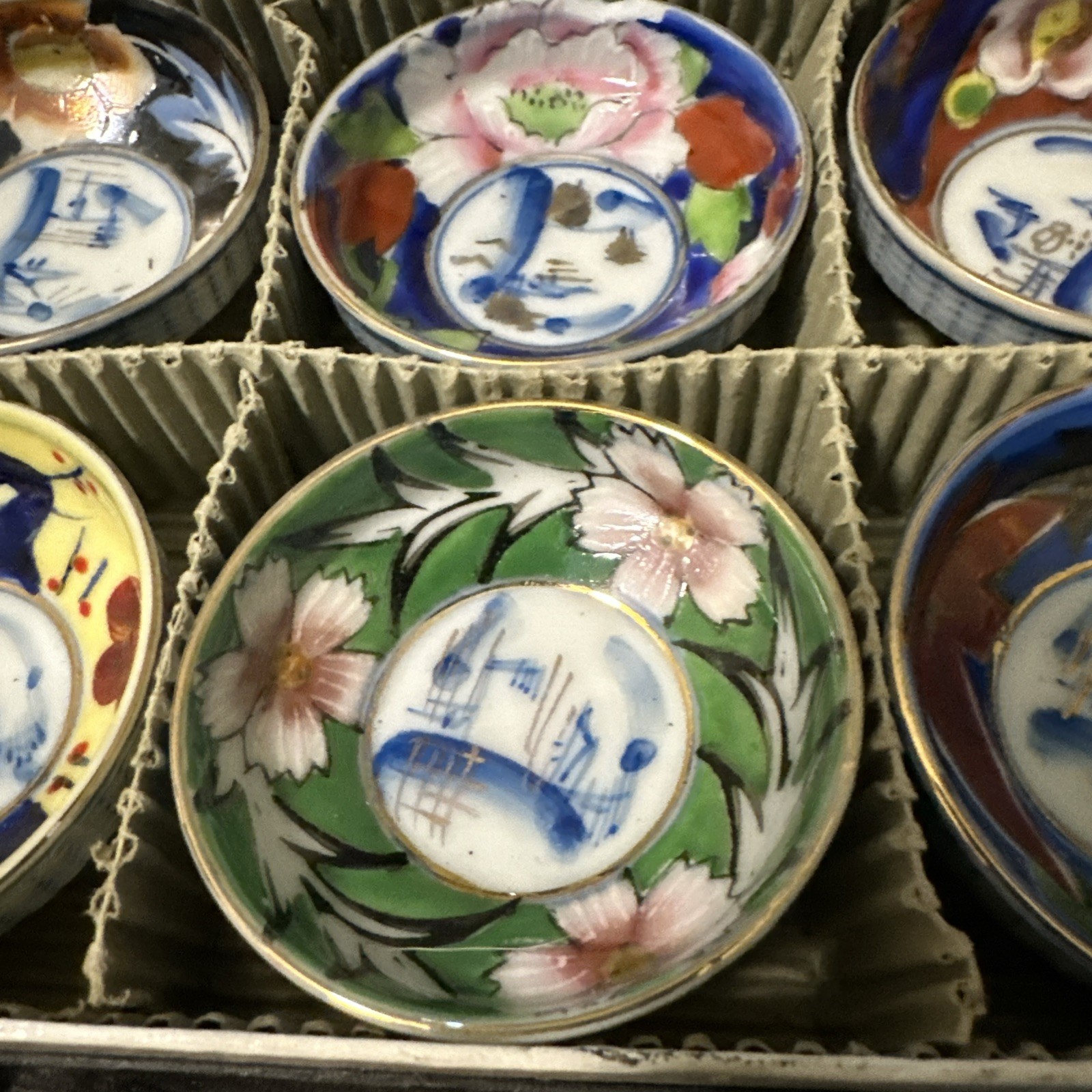 LOT OF 6 Antique Japanese Kutani Imari Cups 2 1/4” With Box Rare