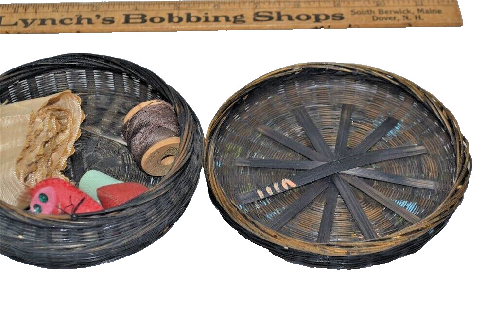 antique sewing basket split willow small hand painted top w/contents 1940s
