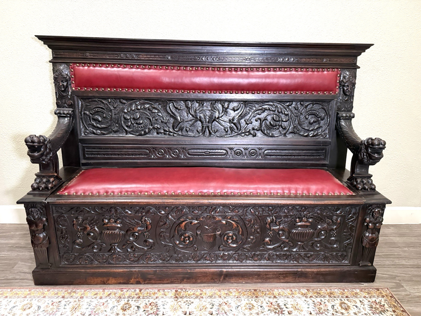 French Antique Renaissance Carved Walnut Bench w/ Storage