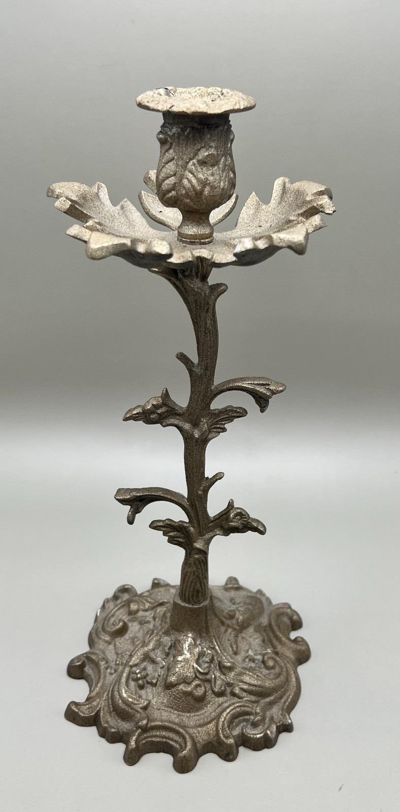 VTG Mid Century Whimsical Flower Cast Metal Candlestick with Grape/Leaf Decor 11