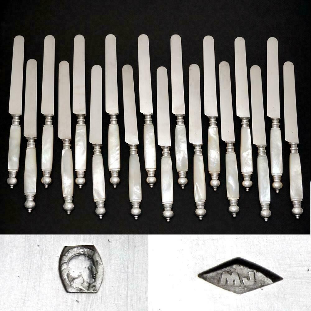18pc Antique French Silver & Mother of Pearl Handled Knife Set, Knives