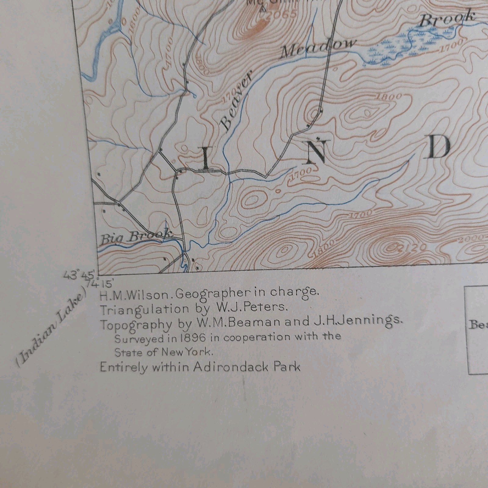 Vintage 1951 Reprint Of 1901 Topographic Map Newcomb Minerva NY Adirondack Park