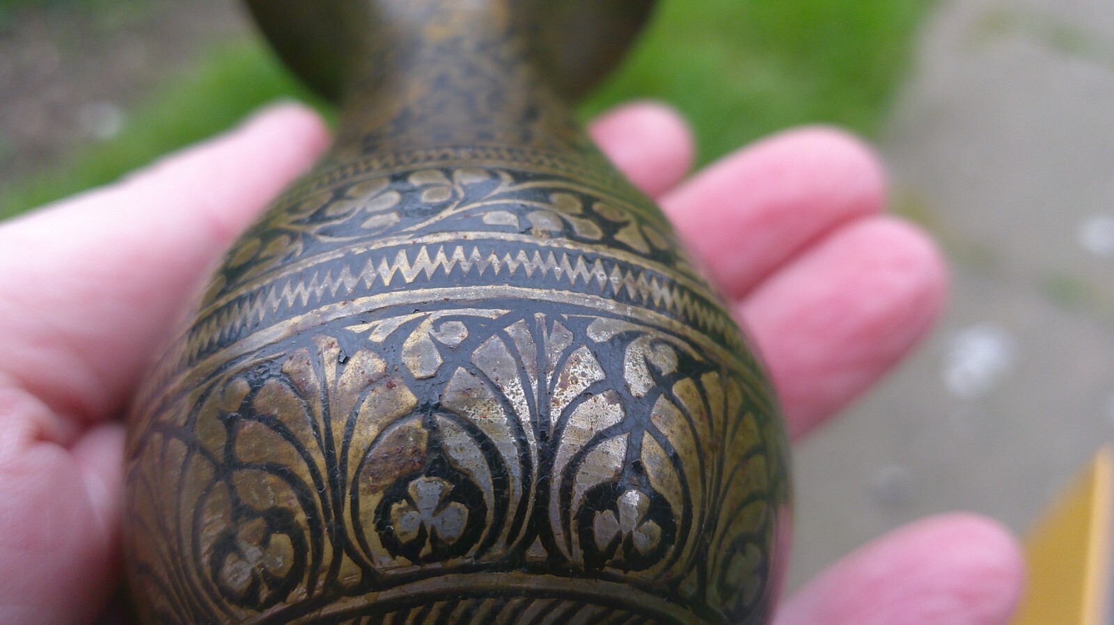 Vintage Antique Engraved Pattern Indian Brass Vase Old Leaves Flowers Intricate