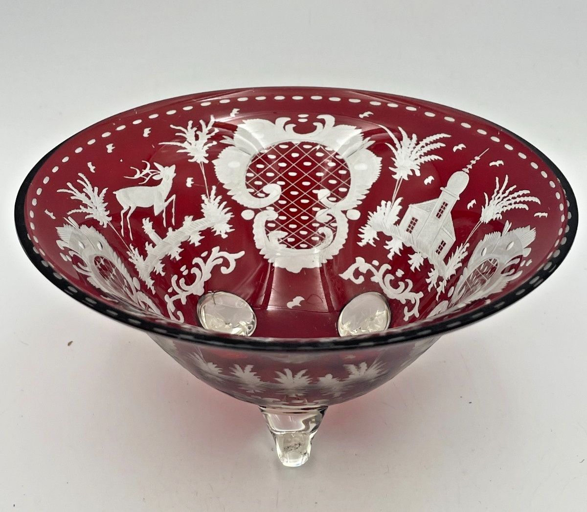 Egermann Czech Cranberry Red Glass Centerpiece Footed Bowl Animals