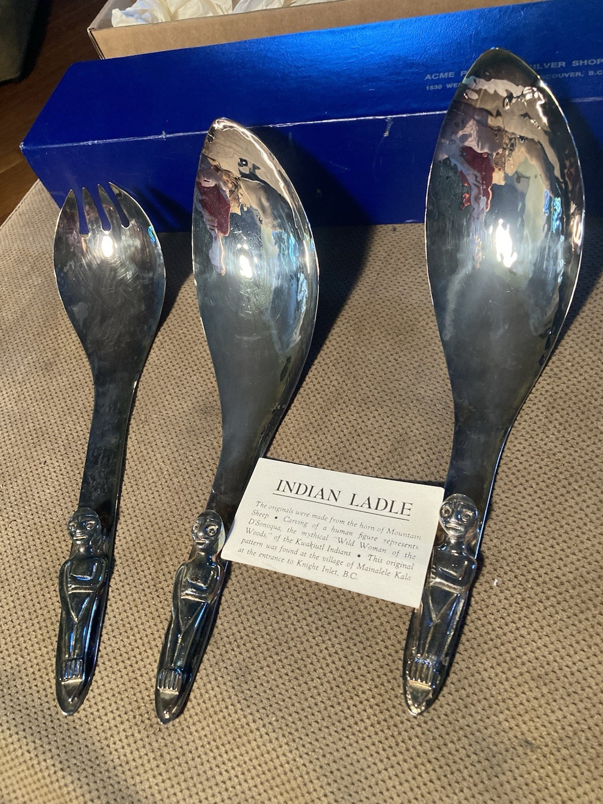 3 Set Native American Silver Plate Serving Spoon Ladle & Fork Kwakiutl Indian