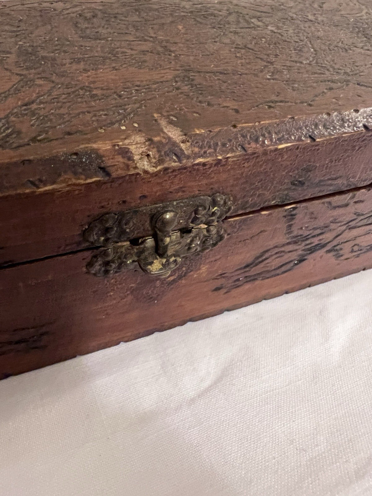 Antique 1913 Personalized Pyrography Folk Art Wood Keepsake Box Handmade