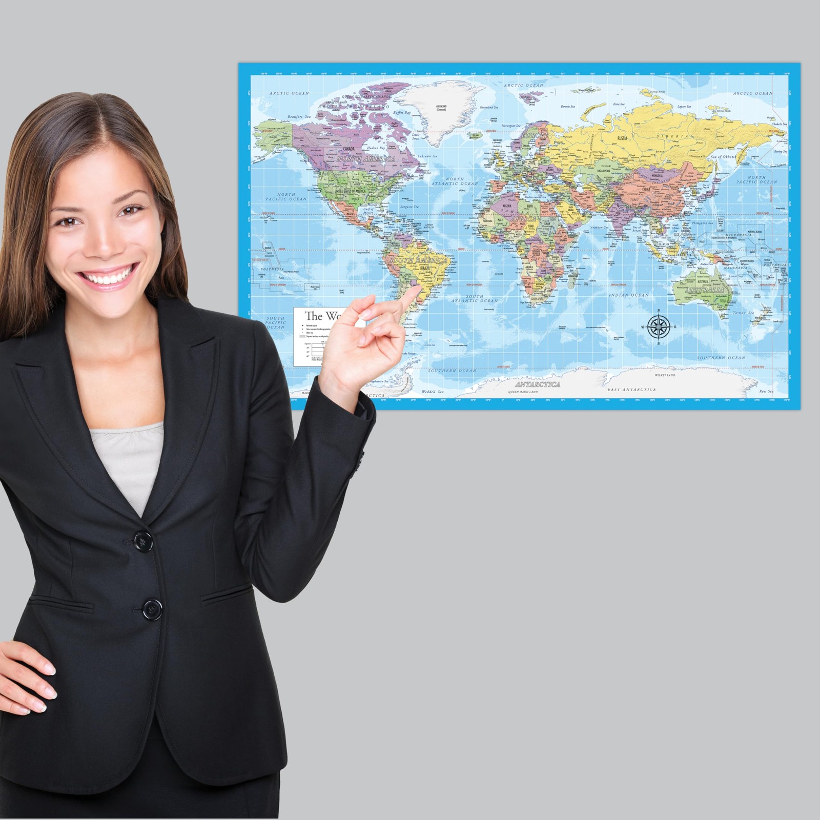 Laminated World Map Poster – Wall Chart of Earth – 18″ x 29″, Light Blue