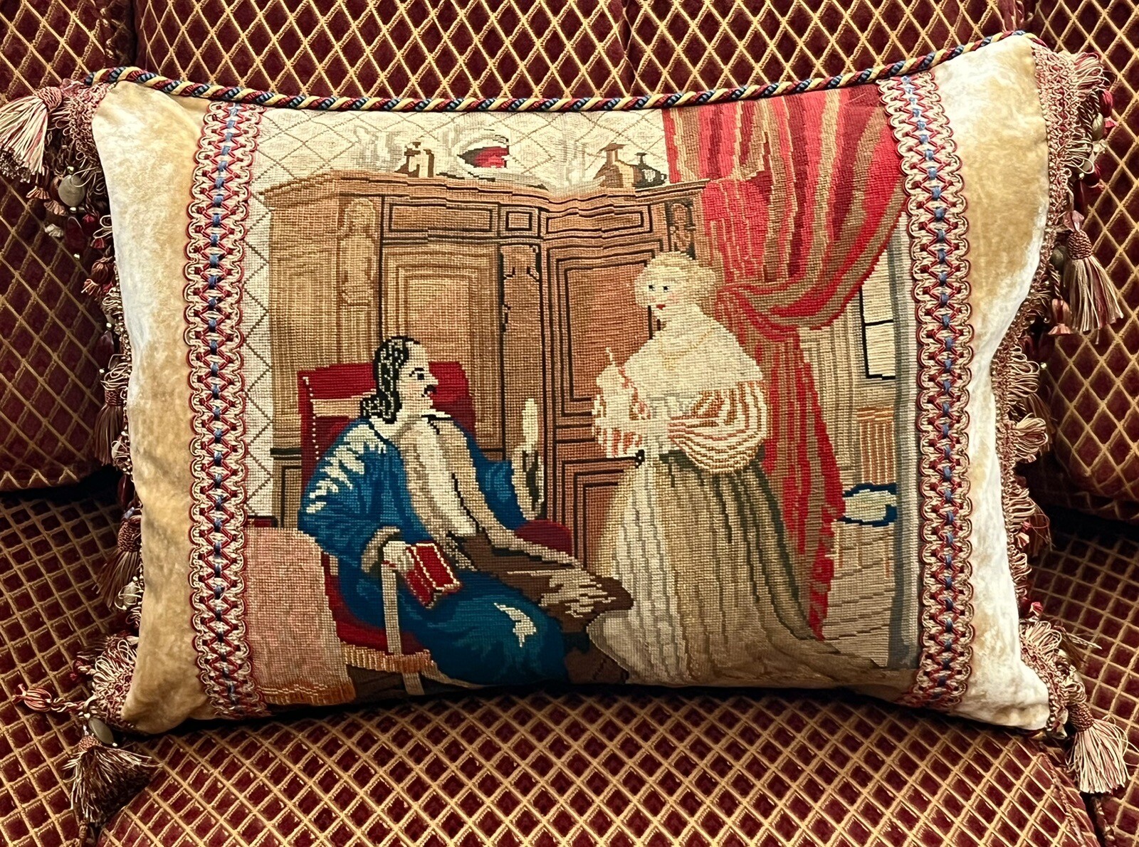 Lg Antique hand stitched needlepoint tapestry pillow Figural/ cover only 20 x 26