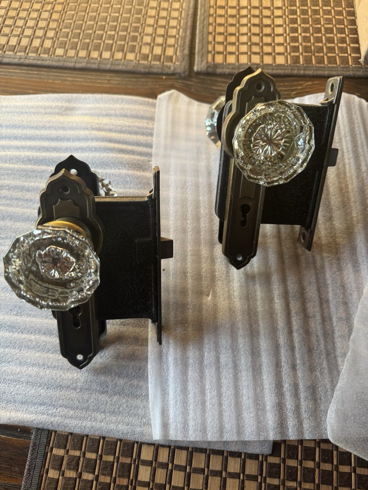 Antique 1920’sCorbin Art Deco Mortise Lockset Pair Glass Doorknobs W/Key