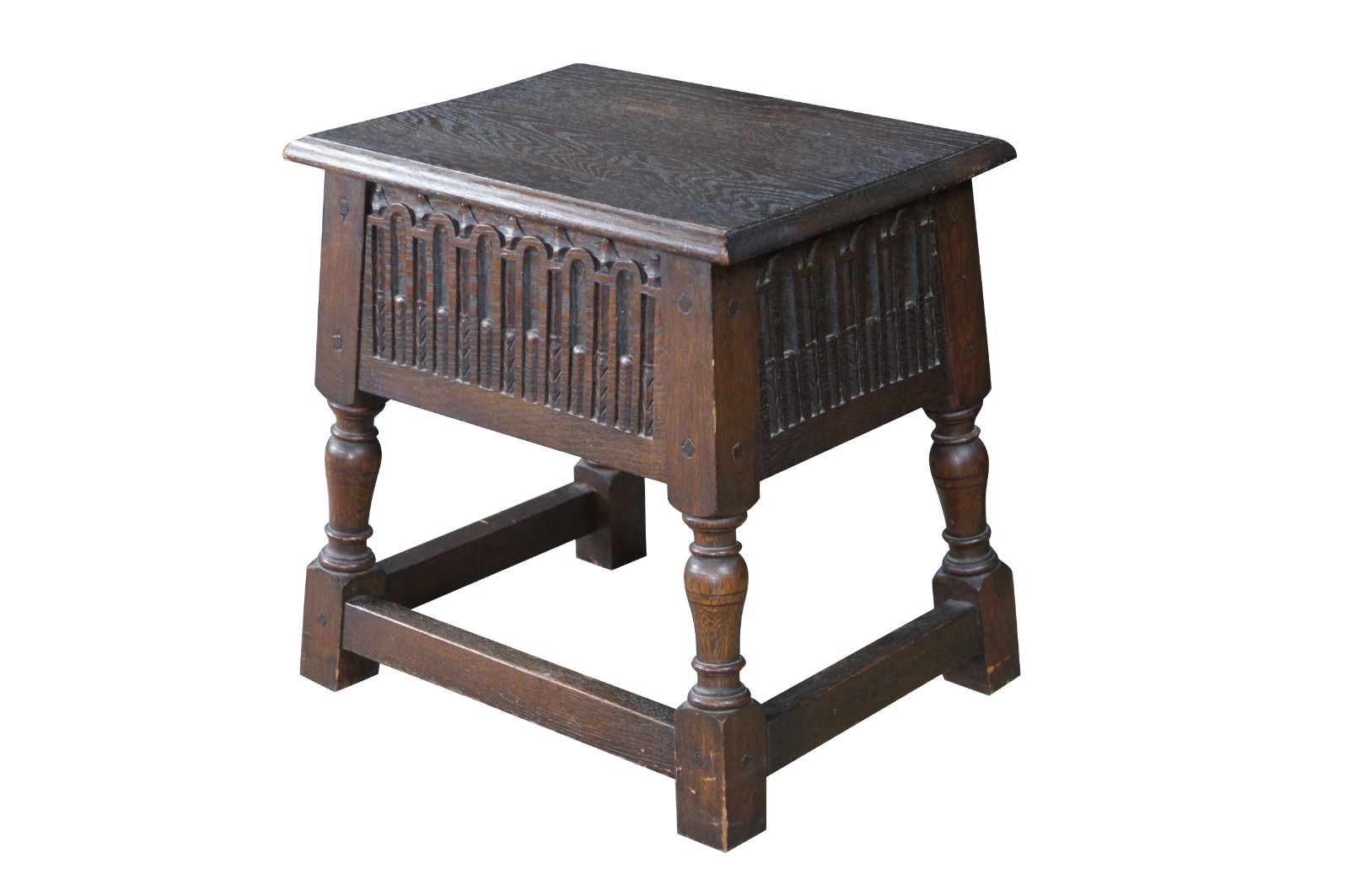 Antique English Jacobean Style Oak Carved Joint Stool Side End Table 18″