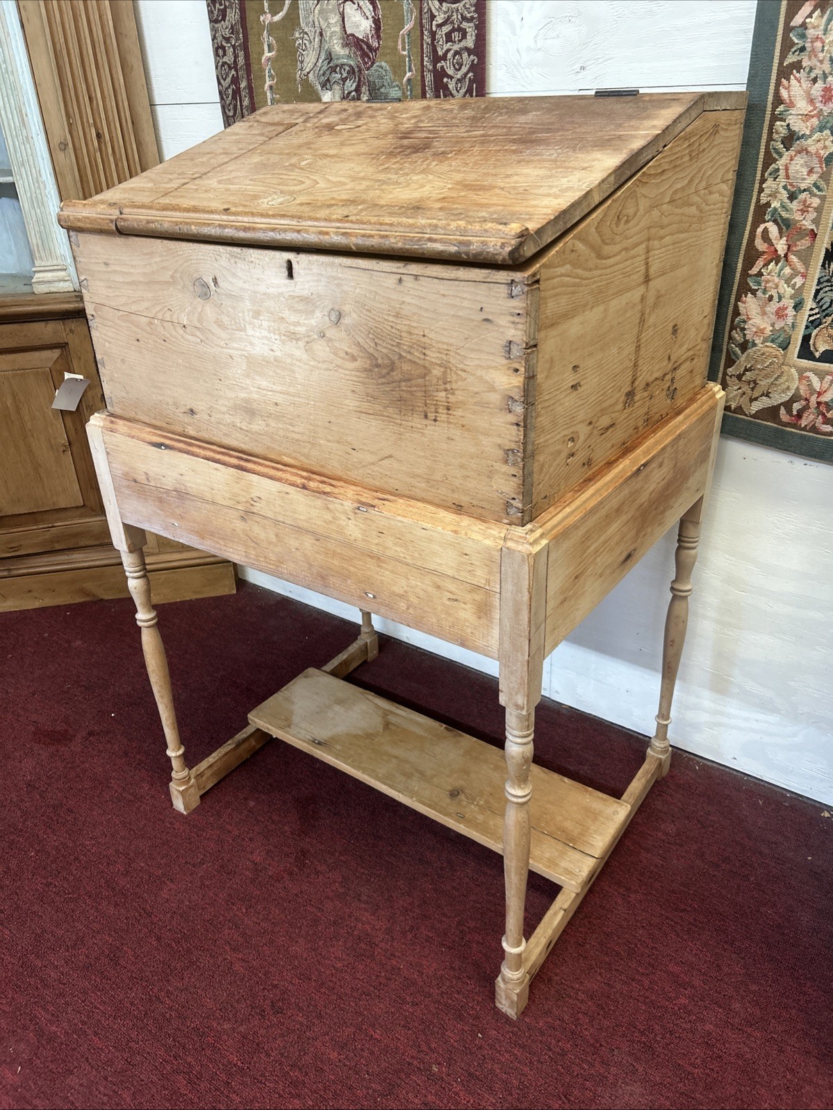Antique American Primitive Bleached Pine Plantation Slant Top Desk on Stand