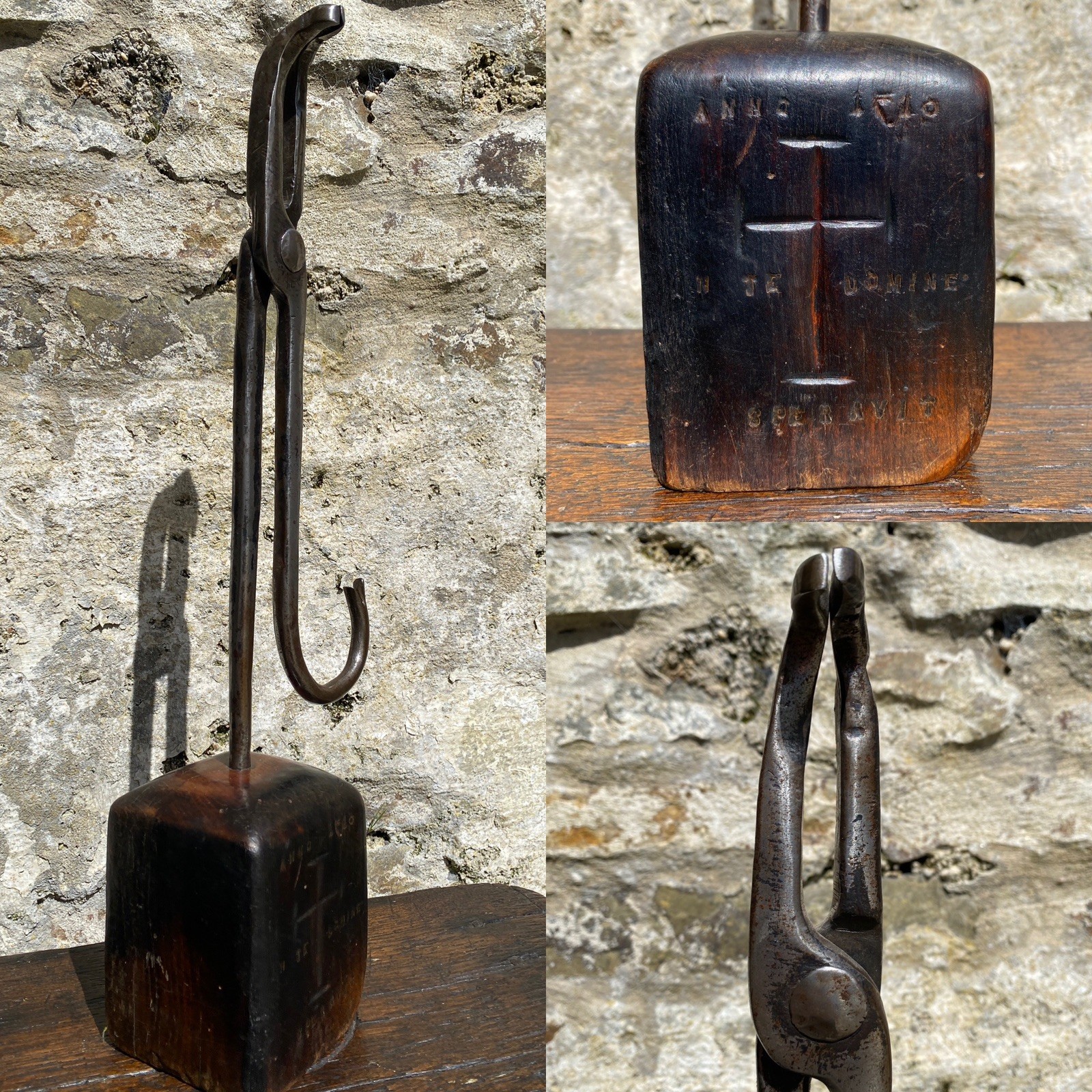 Substantial Steel Curiosity Treen Base Engraved With Cross & Latin