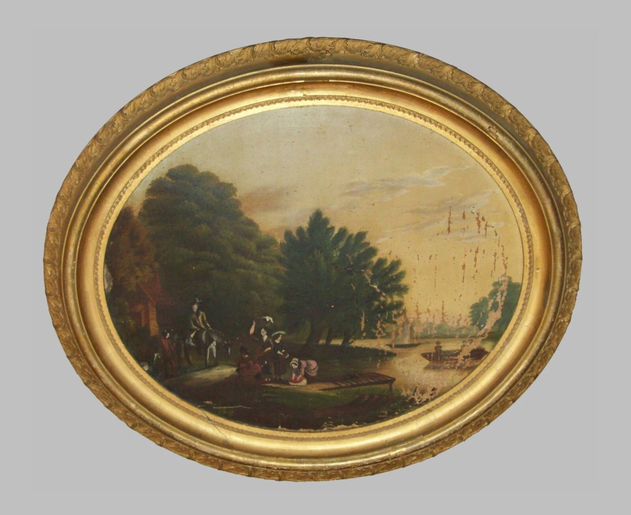 Antique 19th C 1850s Hudson River Valley Style Painting Oval Family Kids Horse