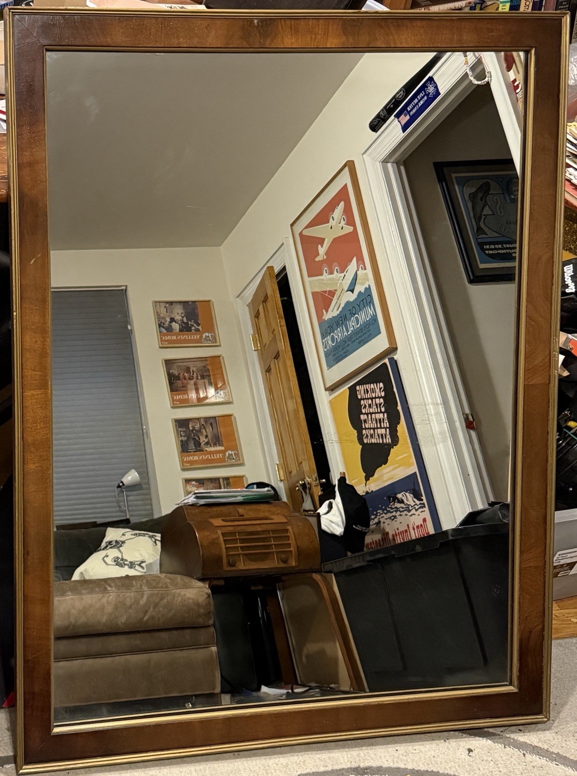 1930s ART DECO / MODERNE WALNUT & GILT FRAME WALL MIRROR – 44×33 ORIGINAL GLASS