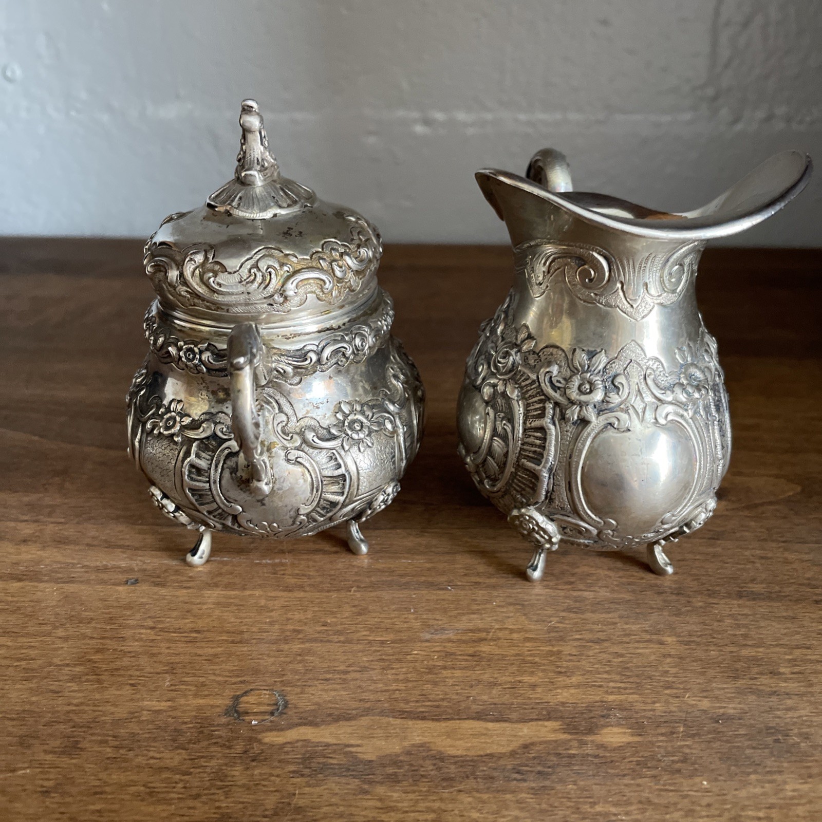 800 SILVER EUROPEAN Repose FOOTED SUGAR BOWL W / LID & CREAMER JAR 15.4oz