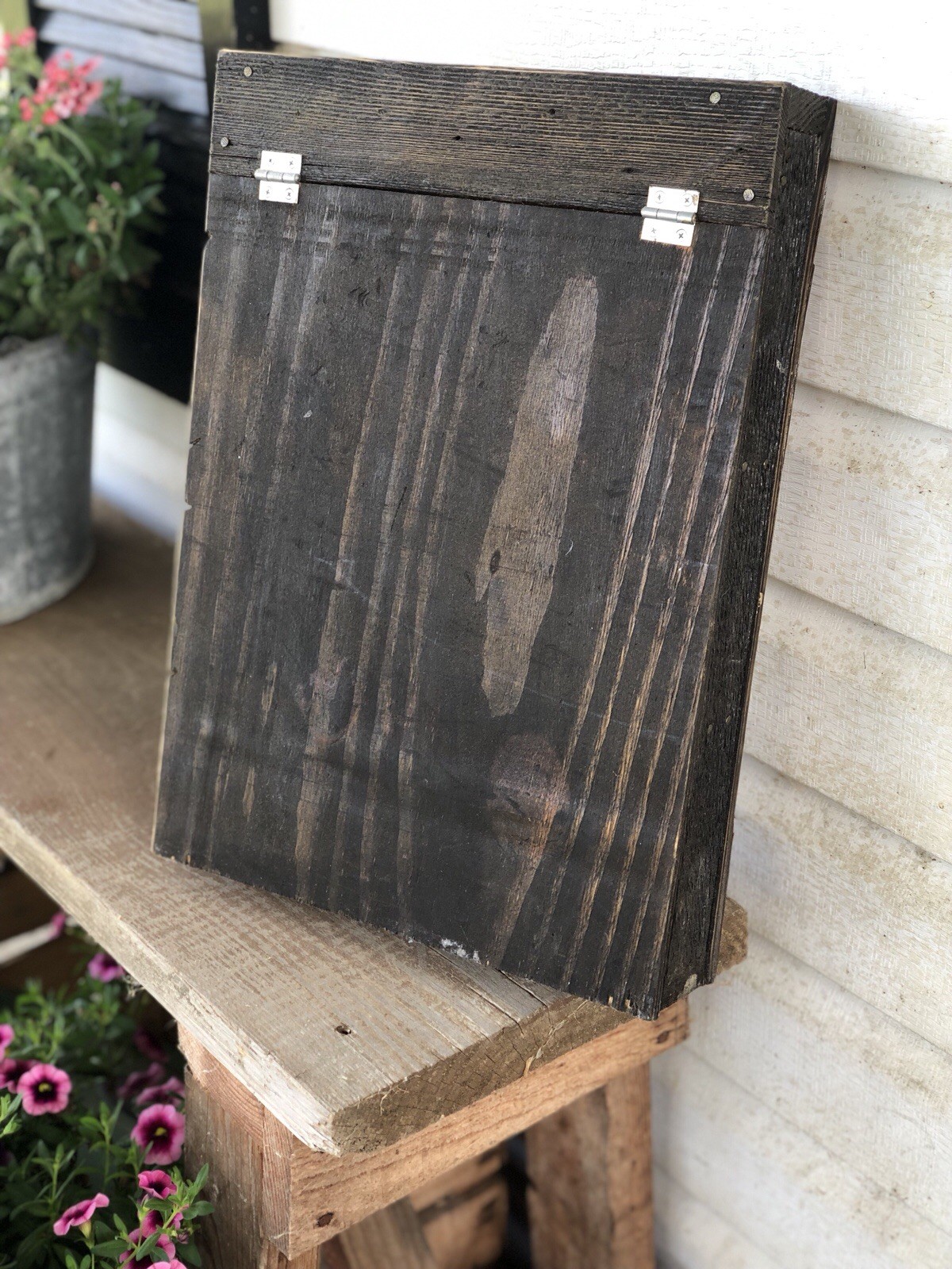 Rustic Farmhouse Handmade Wooden Shelf W/ Lift Up Door Dark Stain Reclaimed Wood