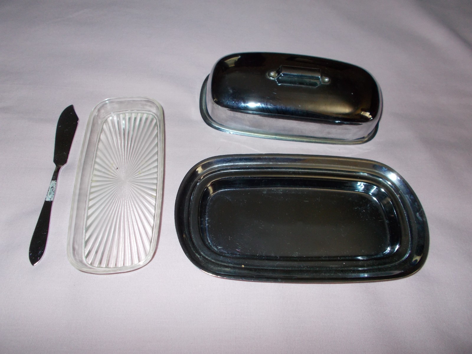 Vintage Silver Plated Metal Butter Dish With Lid Knife and Plastic Insert