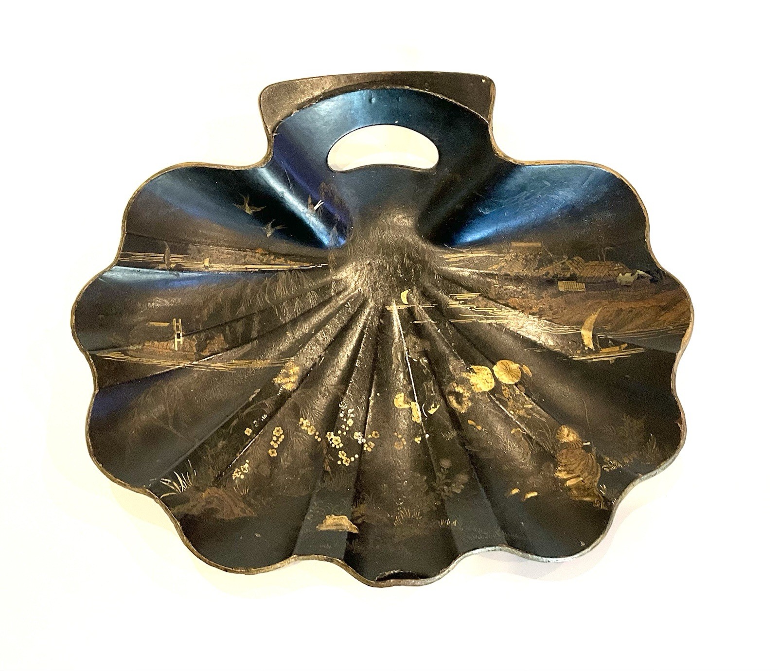 Victorian Papier Mache Chinoiserie Black & Gold Shell Crumb Tray