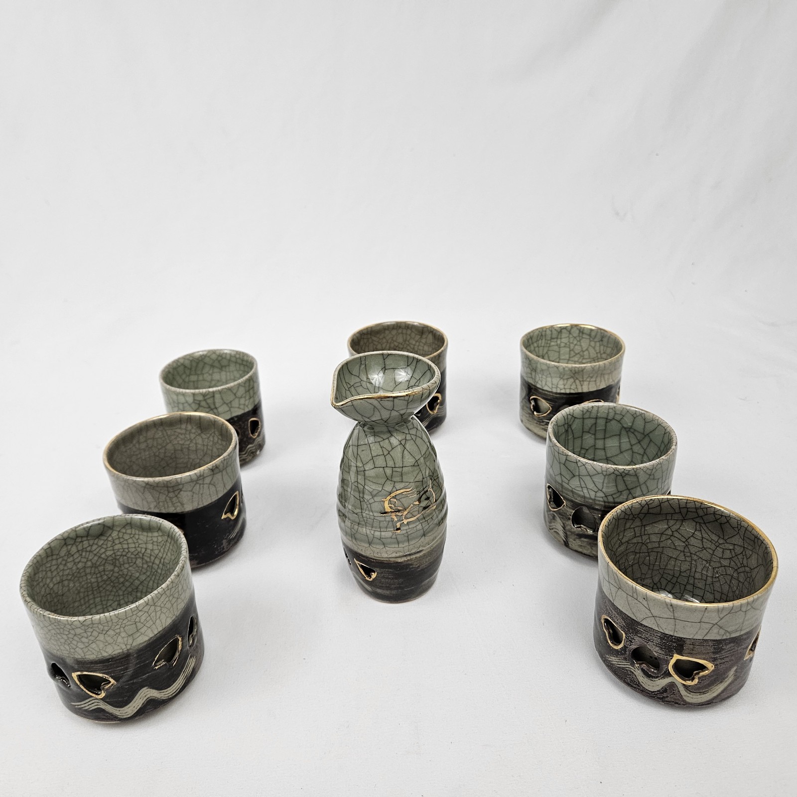 Cracle Glaze SOMAYAKI OTAGIRI Sake Carafe W/ 6 Cups Tokkuri JAPAN Double Wall