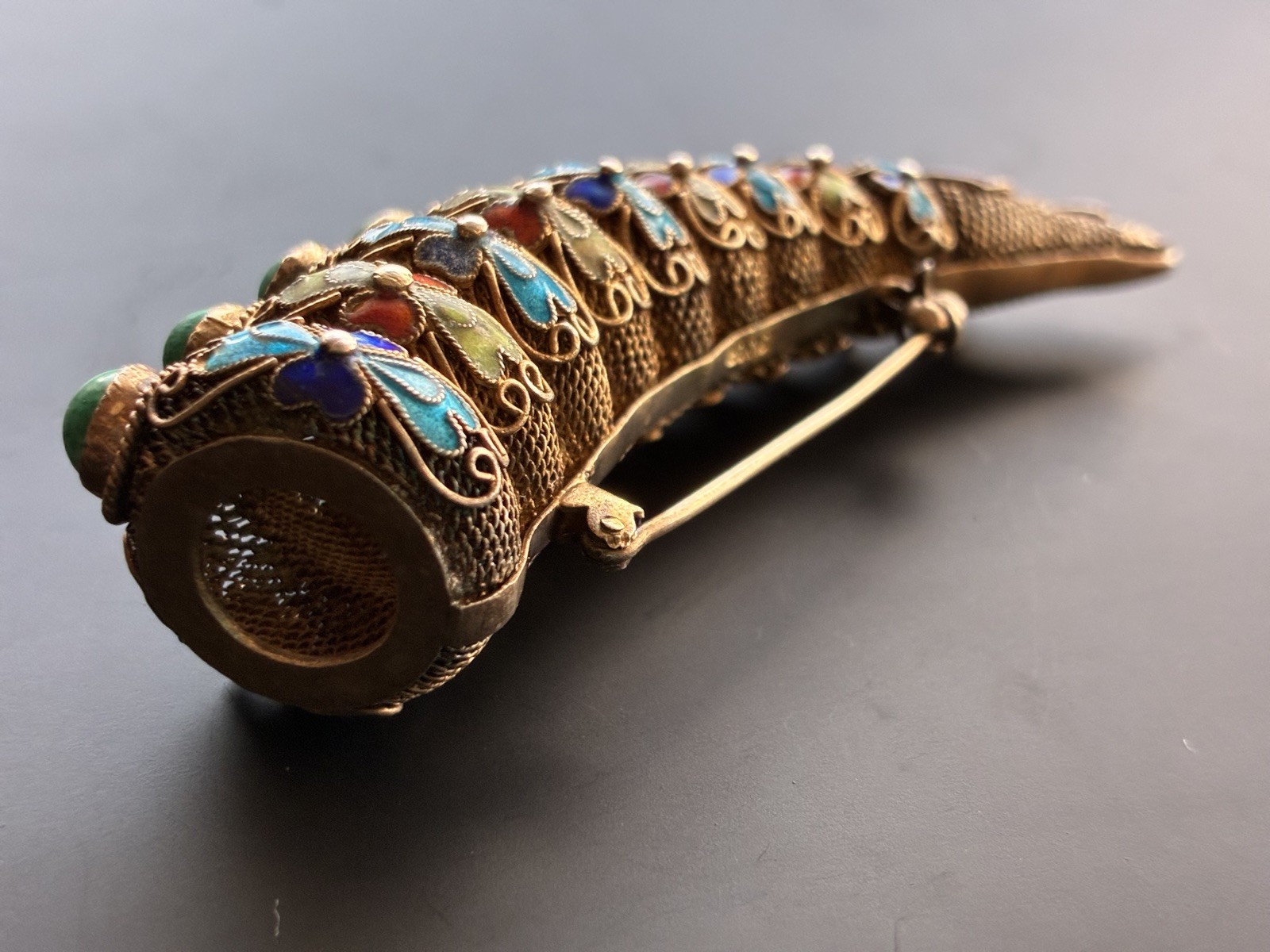 Rare Chinese Finger Nail Guard Brooch Pin 2.75” Silver Signed VTG Multicolor