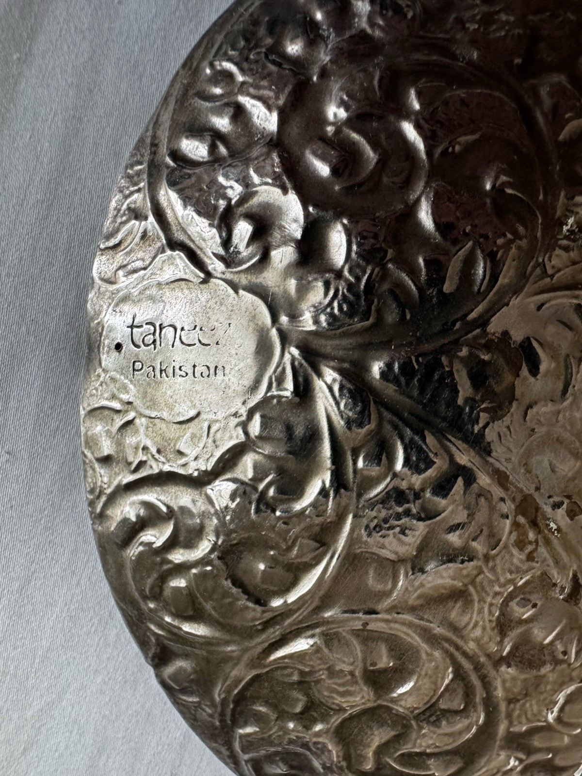 Silver Plated Decorative Plate with Green Stone and Engraved Floral Motifs