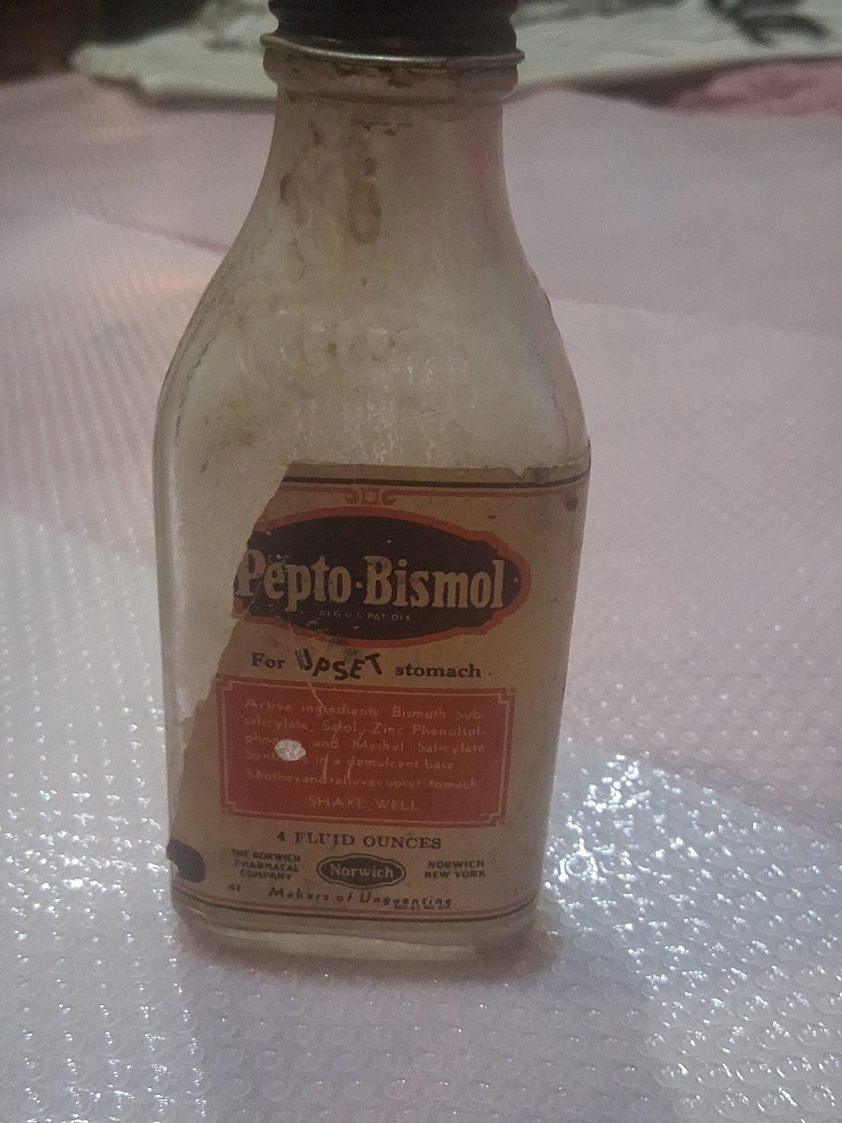 Vintage Norwich Pepto Bismol 4oz Triangular Glass Bottle Paper Label 1940s 1950s