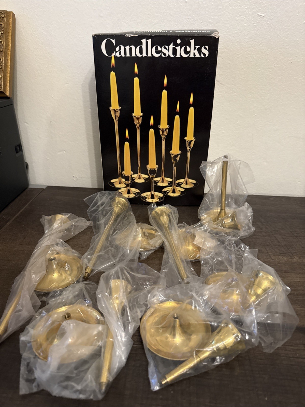 VINTAGE LEONARD SILVER MFG. BRASS 7 PC. GRAGUATED CANDLESTICKS. NEW(OPEN BOX)