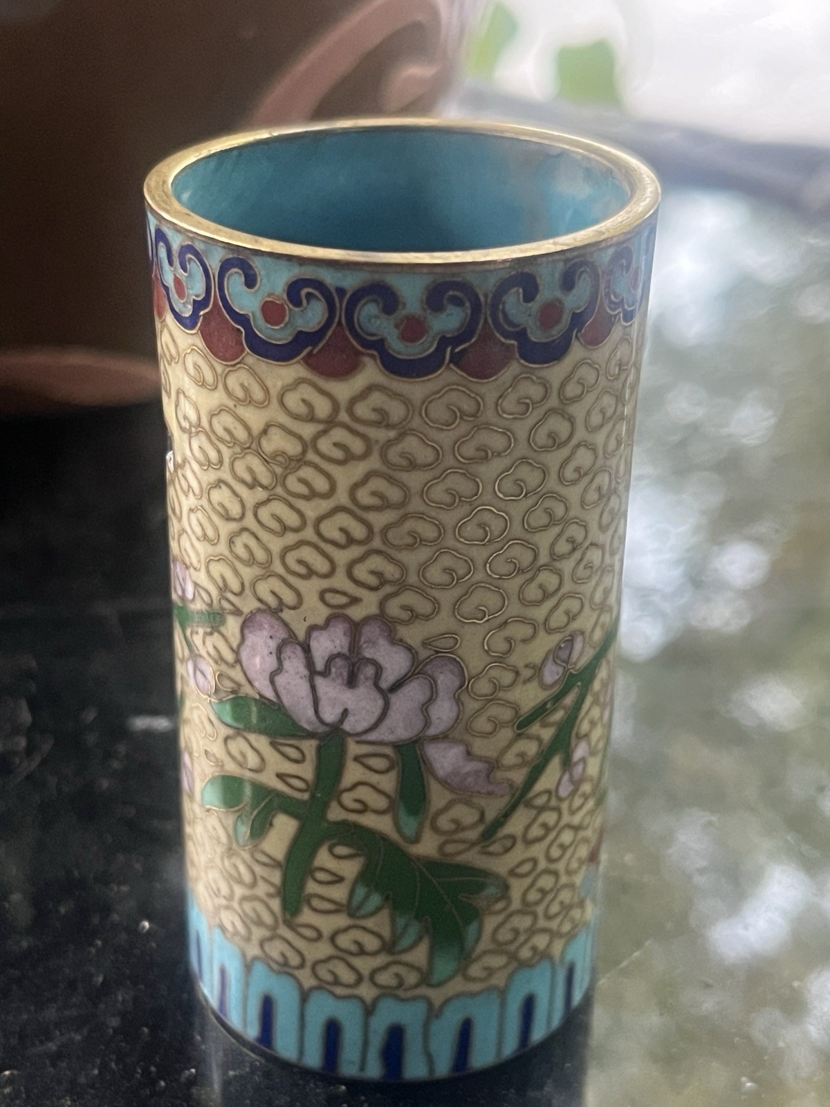 4-inch Chinese Green Cloisonné Flower Bird Brush Pot Pencil Pen Holder