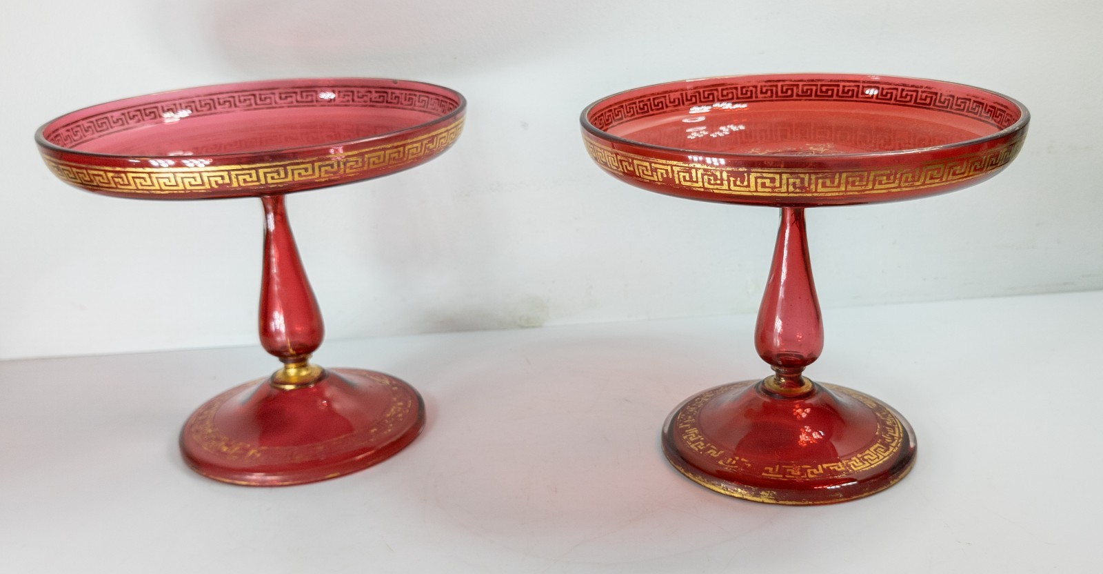 Antique Pair of Red Cranberry Glass Centerpiece Compote Tazza Gilding Greek Key
