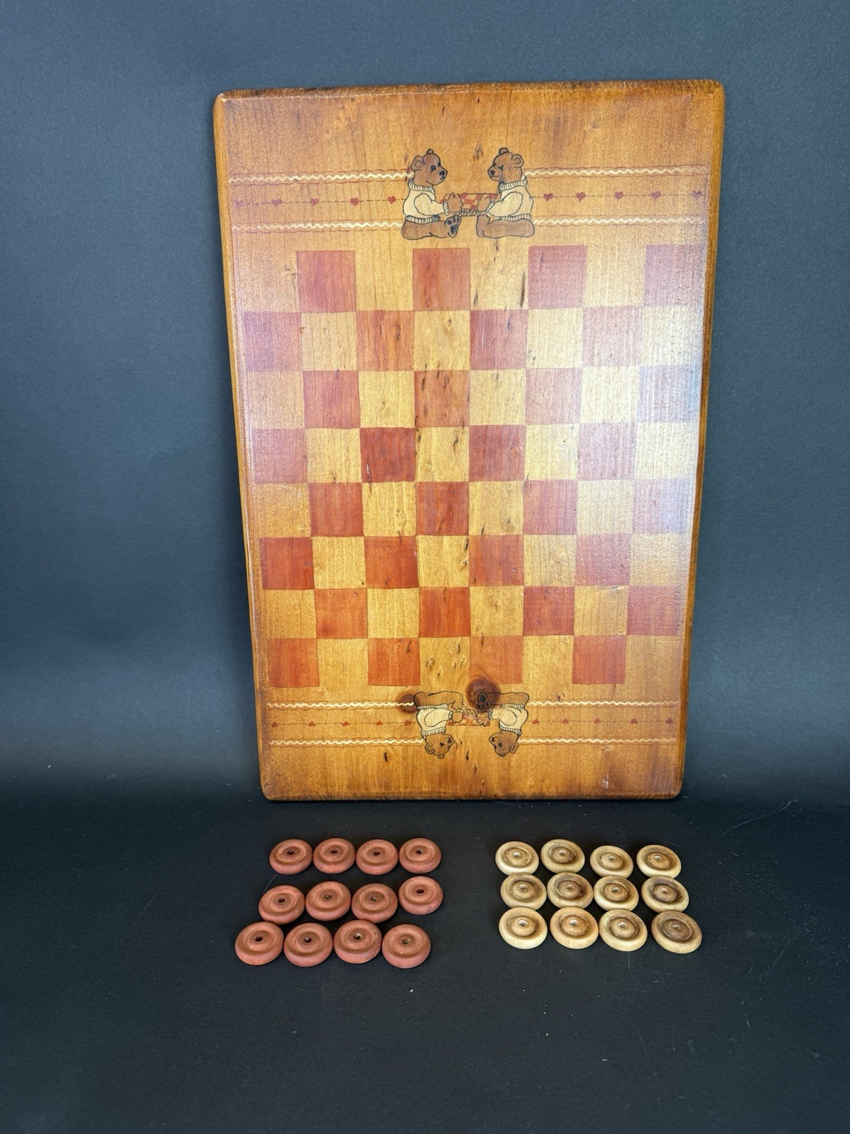 Vintage Wood Checkerboard Complete Artist Signed 1984 Bears Rustic & Primitive!
