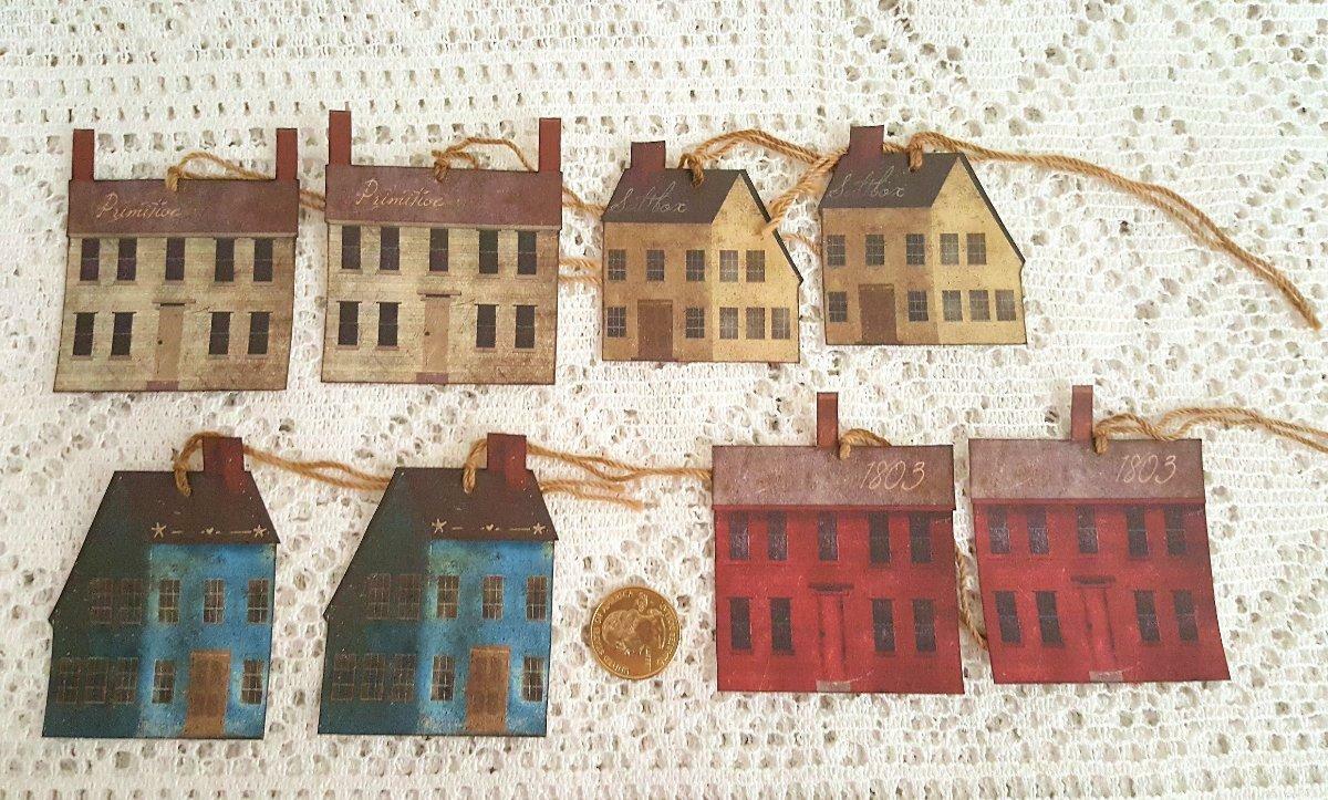 8~Primitive~Saltbox House~Fussy Cut~Linen Cardstock~Gift~Hang~Tags~Ornaments