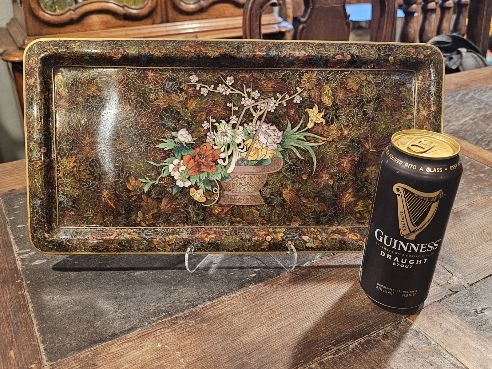 Rare Chinese Cloisonne Enamel Tray 16×8.5 in Millefleur Vase Flowers, Make Offer