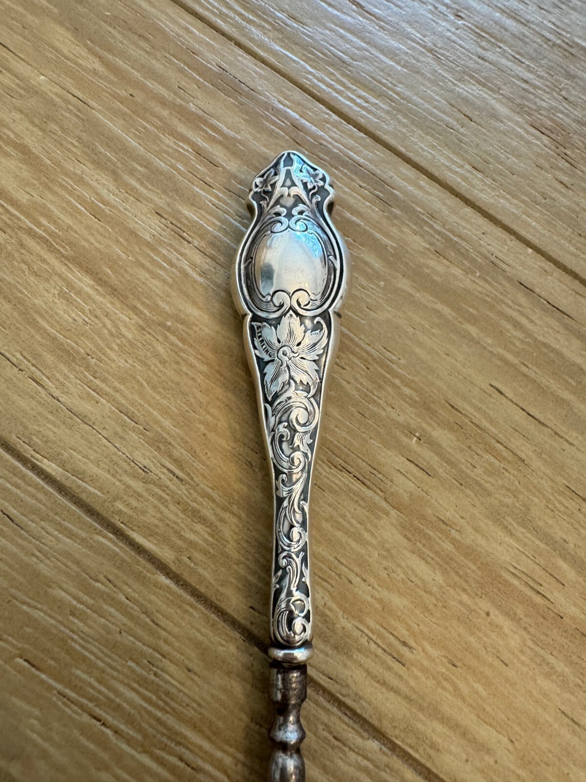 Antique Sterling Silver Handle Button Hook Engraved Floral Scrolling Design