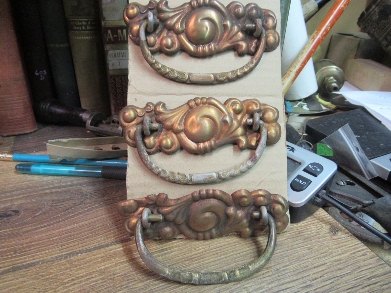 3 VINTAGE ANTIQUE ORNATE BRASS DRAWER PULL DROP RING HARDWARE DOOR HANDLES LOT