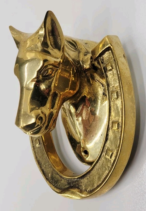 Vintage Horse Head & Horseshoe Cast Solid Brass Door Knocker Equestrian Decor