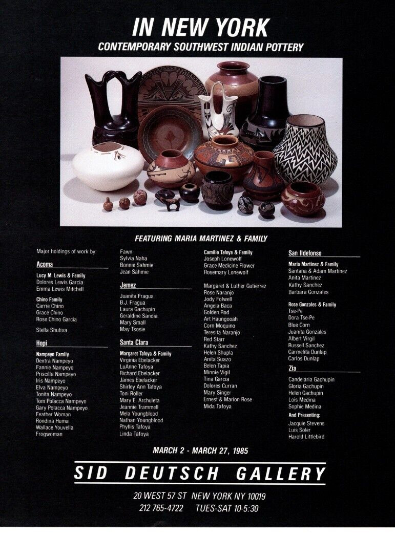 1985 AMERICAN INDIAN POTTERY EXHIBIT AD, SOUTHWEST, ARTIST, GALLERY ADVERT