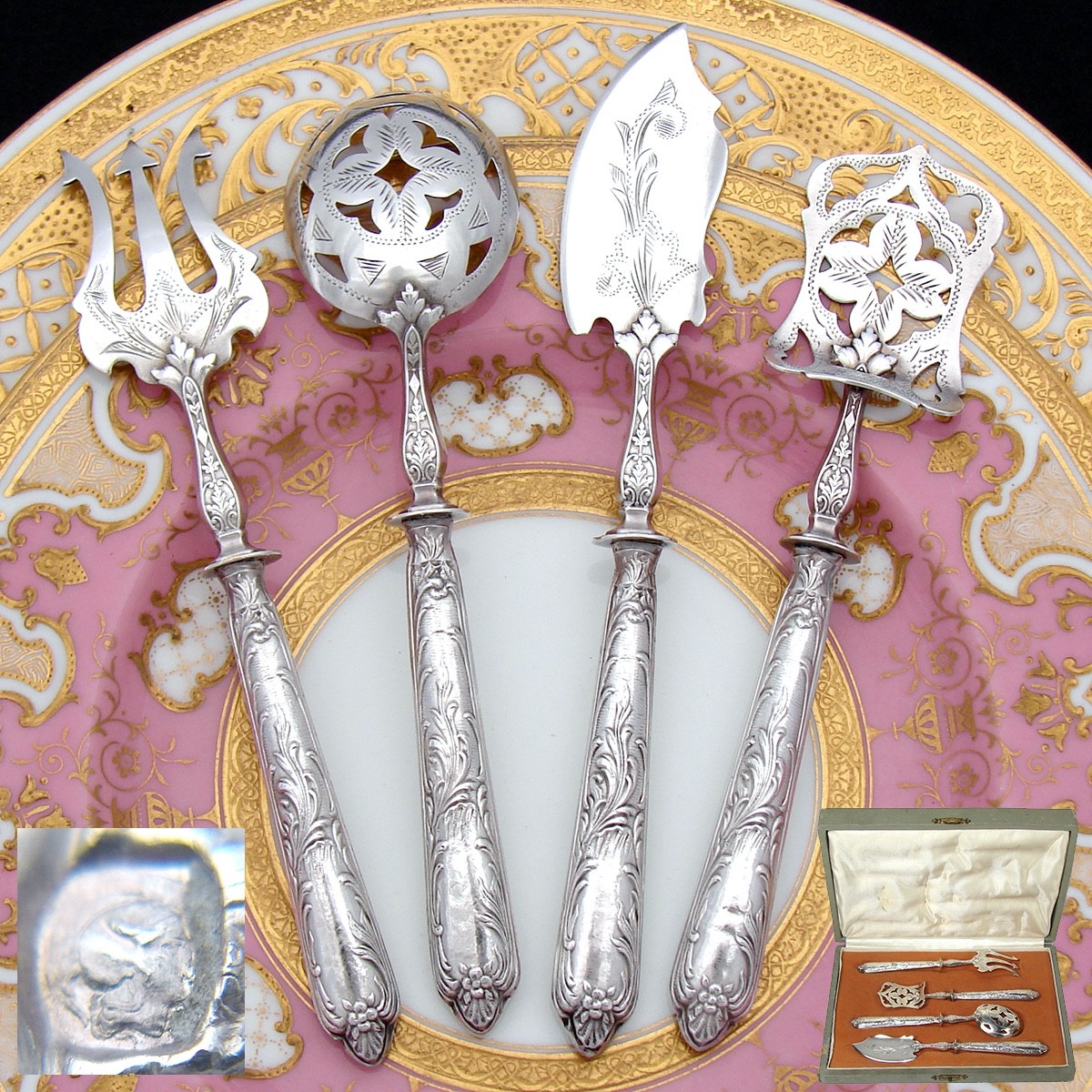 Antique French Sterling Silver 4pc Condiment or Hors d’Oeuvre Service Set in Box