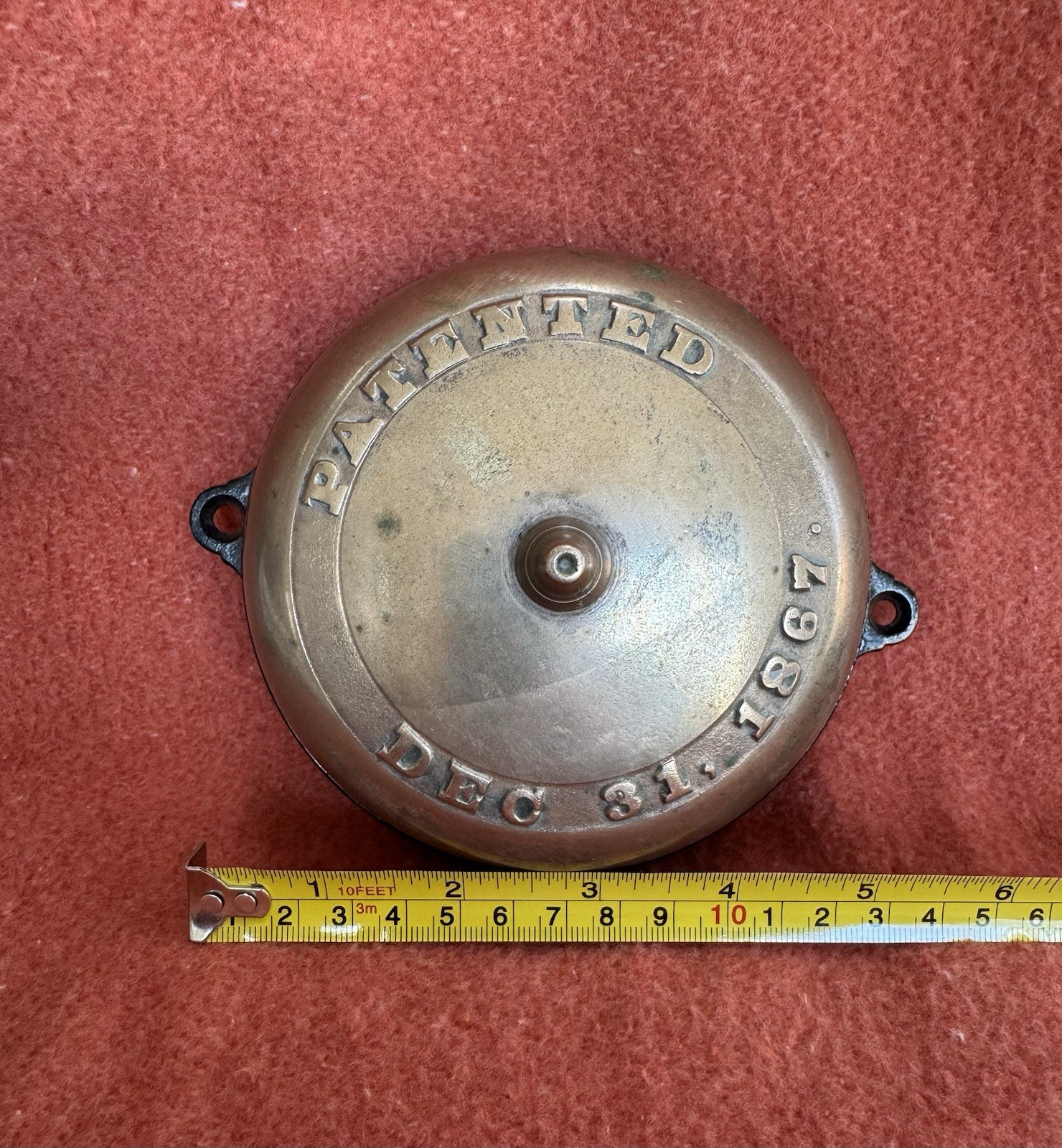 Victorian-era Brass Mechanical Doorbell Taylor Patent 1867 Cover Cast Iron Base